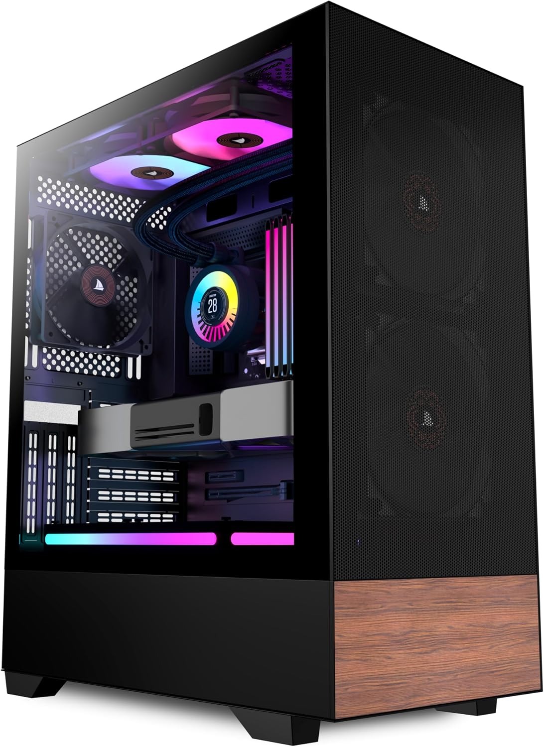 PCZZOI PC CASE ATX 3 Case Fans Pre-Installed, Mid Tower Computer Case with Tempered Glass, Printed Walnut Wood Panels,Support 360mm Radiator,Black Gaming Desktop Case (H3)