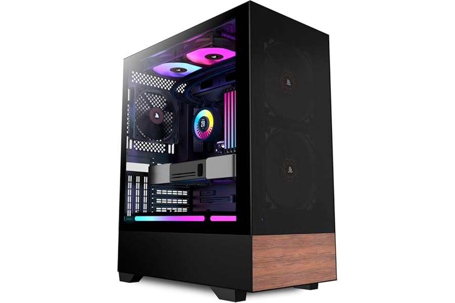 PCZZOI PC CASE ATX 3 Case Fans Pre-Installed, Mid Tower Computer Case with Tempered Glass, Printed Walnut Wood Panels,Support 360mm Radiator,Black Gaming Desktop Case (H3)
