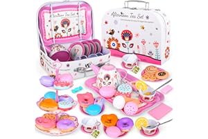 Auney 36 PCS Tea Set for Toddlers,Tin Toys Tea Party Set for Children Girls,Kids Real Littles for Tea Time with Tea Filter Bags and Lemon Slices,13 PCS Dessert Toys Pretend Play for Kids Age 3+
