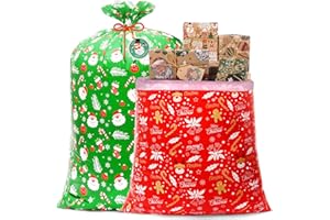 AhfuLife 2Pcs Jumbo Christmas Sacks Bags with Gift Tags, 142 x 92cm, 2 Style Extra Large Xmas Gift Sacks with Cords, Reusable Giant Plastic Christmas Bags for Xmas Gift Home Party Favors