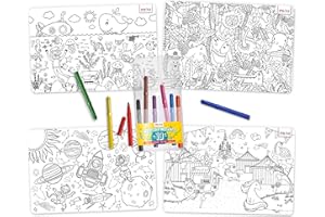merka Bloc de Dessin pour Enfants Set de Table 4 Tapis avec 7 marqueurs Jungle Space Sea Unicorns Set de Table d'apprentissage pour la Table à Manger et la Cuisine pour Les Enfants et Les Tout-Petits