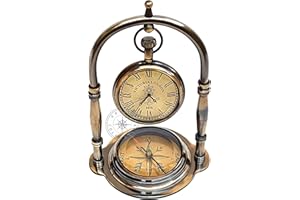 Hanzla Collection Nautical Brass Compass Base Table Clock Antique Brass Desk Clock Maritime Victoria London Hanging Clock