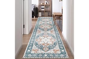 Famibay Alfombra Pasillo Larga 80x300cm Alfombra Cocina Lavable Antideslizante Azul Naranja Alfombra de Pasillo Vintage para Pasillo Cocina Lavadero Entrada