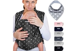 Makimaja - Écharpe De Portage 100% Coton - Gris Foncé Avec Des Étoiles - Porte-Bébé De Haute Qualité Pour Nouveau-Nés Et Bébés Jusqu'À 15 Kg - Incl. Sac De Rangement Et Bavoir Bébé