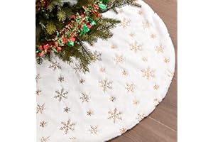 REDSTAR Falda de árbol de Navidad blanca con diseño de copo de nieve, impresión de lentejuelas bordadas doradas, falda de árbol de Navidad de piel sintética de 90 cm, cubierta de base del árbol de Navidad,