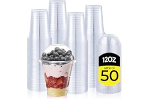 Zuvo Plastic Smoothie Cups with Dome Lids - 12 OZ (Pack of 50) - Strong Clear Plastic Cups for Milkshakes, Smoothies, Iced Coffee, Slusly and Bubble Tea - 100% Reusable Cups