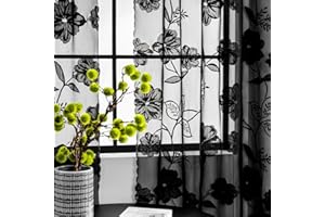 Treatmentex Black Lace Curtains 54 Inch Rose Floral and Leaf Sheer Window Curtains for Living-Room Bedroom Vintage Leaf Knitted Lace Sheer Curtain Panels 52 w 2pcs Pencil Pleat