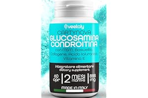 VEETALY Glucosamina Solfato, Condroitina Solfato, MSM - Condroitina Glucosamina Alto Dosaggio - Integratore Articolazioni e Cartilagine Ginocchio con Collagene, Acido Ialuronico, Vitamina E, Boswellia, 60 cpr