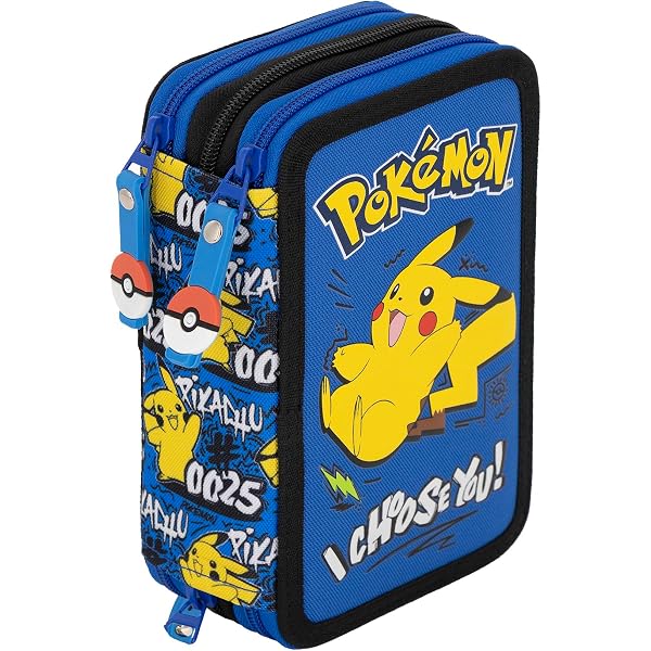 Goldkids - Federmäppchen 3 Fächer - Mäppchen für Mädchen und Jungen - Federmappe 3-Fach Federtasche 44-teilig Gefüllte Schüleretui Schulmäppchen- Pokemon Motiv