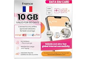 LOVE 2 SURF Love Mobile Data Only Sim Card - International Multi-Network 4G/5G Prepaid Pay As You Go Data Sim for Mobile Phones, WiFi Routers, & More, UK & France - 10GB for 60 Days