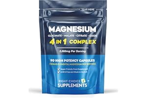 RIGHT CHOICE SUPPLEMENTS Magnesium Glycinate 4 in 1 Complex - 2000mg Bisglycinate, Malate, Citrate & Oxide Supplements - 90 High Potency Vegan Capsules Providing 506 Elemental Magnesium Per Serving - UK Made