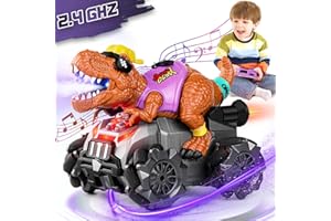 MAYSIDA Coche teledirigido dinosaurio a partir de 3, 4, 5, 6, 7, 8 años, 2,4 GHz, juguete de coche a partir de 3 – 12 años, coche teledirigido con neblina, música, luces LED, juguete de coche RC regalo para