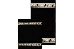 BELLE ARTI Dywanik łazienkowy, dywanik prysznicowy z bawełny, w kolorze beżowym, czarnym, białym, złotym z wzorem meandra (kolor czarny, zestaw 2 szt. – 50 x 90 + 50 x 60 cm)