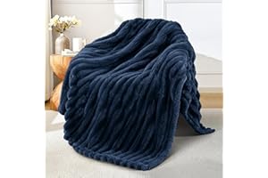 Exclusivo Mezcla Koc polarowy na kanapę, super miękki żakardowy koc 3D, w paski, lekki, puszysty, przytulny koc na każdą porę roku, 127 x 152 cm, granatowy