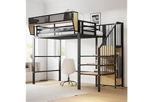 Merax Lit Mezzanine 90x200 cm en métal, avec échelle sécurisée, étagère de Rangement Amovible, lit surélevé Adulte/Enfant, Noir (sans Matelas)