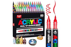 Vakki 60 pisaków akrylowych do kamieni, wodoodporne, podwójna końcówka, markery akrylowe, zestaw markerów akrylowych, idealne do malowania kamieni, szkła, drewna, ceramiki, metalu i płótna