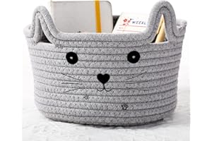 Zopeal Cat Basket Storage Woven Basket Organizer with Ears Decorative Pet Toy Cute Basket Cotton Rope Basket for Gift Cat Dog Toy Bin Nursery Room Kid (Light Gray,8.3 x 4.7 Inch)