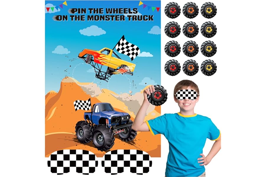 ASTARON Truck Pin The Tail Games with 30 Tyres, Black or Grey or Silver, Paper Material, Pin Games, Monster Truck Party Supplies