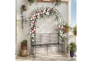 Bonnlo Rosenbogen aus Metall, Stabil Wetterfest Rankhilfe aus Pulverbeschichtetem Stahl, Rankgitter für Garten, Rosen,Plantzen,134x59.00x203cm/Schwarz (Kuppeldach mit Bank)