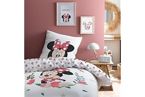 OMYDREAM Disney Minnie Flower Parure de Lit Enfant 1 Personne | 100% Coton | Oeko-TEX | Housse de Couette 140x200 cm + 1 Taie d'oreiller 63x63 cm | Imprimé Réversible Fille | Blanc, Rose