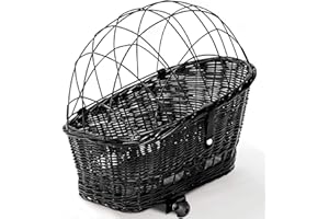 Tigana Hundefahrradkorb für Gepäckträger aus Weide 60 x 39 cm Schwarz Gitter Tierkorb Hinterradkorb Hundekorb für Fahrrad (S-S) (XXL + Kissen + Holz)