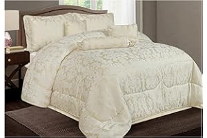 Opulent Living 7-Piece Jacquard Floral Comforter Bedding Set – Includes Bedspread, Valance Sheet, Pillow Shams, Cushion Cover, Decorative Pillow & Neck Pillow (Cream, Double, Leaf)