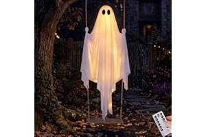 JOYIN Halloween-dekoration för utomhusbruk 1,5 m stor, hängande spökgunga vit spökgunga med varma vita lampor läskig och söt halloweendekoration för veranda trädgård och träd