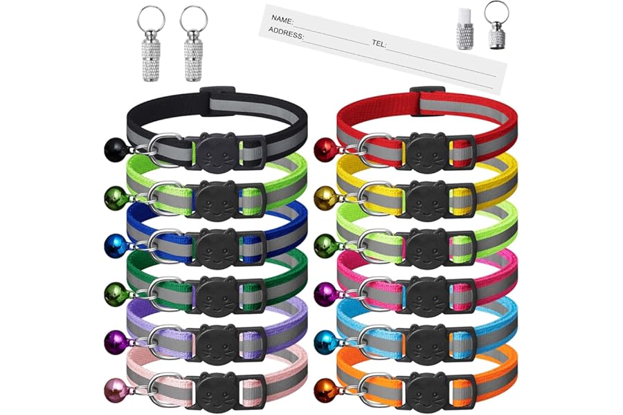 14 Piece Reflective Cat Collar Pack with Bell,kitten collar Safety Quick Release Buckle,with Name Tag,Adjustable 7.5''-12.5'',for Girl Male Cats,Pet Supplies,Stuff,Accessories(12 Colors & 2 ID Tags)