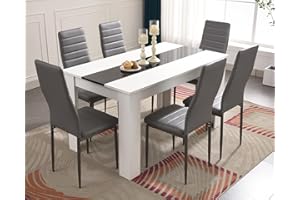 Blisswood Dining Table Set, Dining Table and Chair Set, Pu Leather Dining Room Chairs and 17mm Thick Table Top Long Modern Dining Table Set (White & Black Dining Table and 6 Grey Chair)