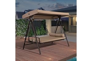 PURPLE LEAF Balancelle de Jardin 3 Places Toit Réglable, Convertible en Balancelle Lit, XL Balancelle Jardin Exterieur avec 5 Coussins, Poids Max 350kg, Kaki