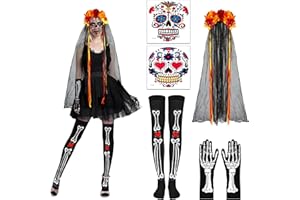 DPKOW Day of the Dead Accessories for Women Women Headband Thigh High Skeleton Socks Full Finger Gloves Temporary Face Tattoos for Halloween Party Cosplay Costume Makeup,7 Pieces