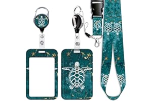 Juanooo Green ID Lanyard Card Holder & Retractable Badge Reel Clip Cool Keychain Neck Lanyard for Keys ID Badges for Women Men Boys Cruise Ship Card ID Holder (Sea Turtle)
