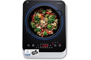 MEDION Placa de inducción (individual, 2000 vatios, placa de inducción, 8 programas automáticos, detección automática de ollas, sensor táctil, pantalla LED, 10 ajustes de temperatura, placa de cristal