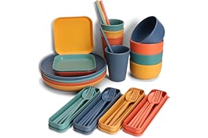 EazyBreezy 40 Pcs Unbreakable Dinnerware Set Plastic Tableware Sets Lightweight Camping Serving Plate and Bowl for 4 People - Colorful Plates, Bowls, Cups, Straws, Cutlery Set for Picnic Party BBQ