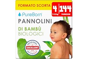 PureBorn 144 Pannolini Taglia 4 (7-12 kg), Ipoallergenico, Ultra assorbente, Pannolini 7-12 mesi, Dermatologicamente testato, Protezione completa, pannolino di alta qualità naturali bambù