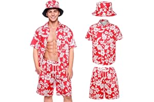 SERTAS Mens Hawaiian Shirt and Shorts Hat Set,Red Hawaiian Shirts for Men,Funny Shirt,Summer Custom Hawaiian Shirt Shiteshirts,Shiteshirts for Indoor Outdoor Beach Seaside Holiday