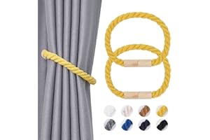 Pretty Jolly 2 Pack Wooden Magnetic Curtain Tiebacks Boho Home Decoration Drape Tie Backs Natural Cotton Handmade Rope Curtain Holdbacks for Thin or Thick Home & Office Window Drapery (Yellow)