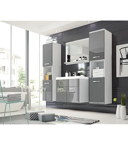 Vladon Badmöbel Set Aloha - Weiß Hochglanz Mit LED Spiegel