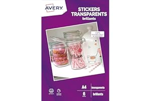 AVERY - 6 Feuilles Stickers Transparentes - Format A4 - Compatible Machine de Découpe - Impression Jet d’Encre