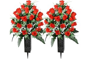 SIFOEL 2 Piezas de Flores Artificiales Cementerio con florero, Rosa Artificial Tumba Flores conmemorativas para la decoración de la lápida del Cementerio (Red-24T)