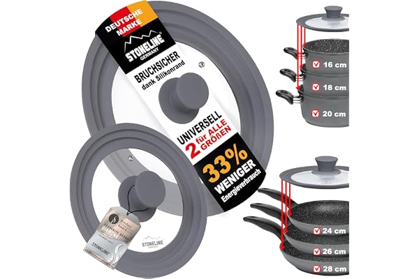 STONELINE Set de 2 Couvercles en Verre Multifonctions pour 16/18/20 cm et 24/26/28 cm, Set de 2 avec Bord en Silicone, Couvercle pour Poêles et Casseroles, Gain de Place, 6 Tailles