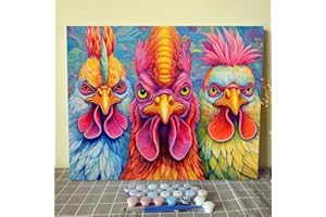 Tucocoo Hippy Chickens Paint by Number for Adults Beginner, DIY Oil Painting Kits on Canvas with Brushes and Acrylic Pigment, Abstract Rainbow Roosters Picture for Home Decor 16x20 inch (Frameless)