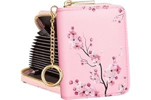 Hautebella Credit Card Holder Women Cute Small for Ladies Teen Girls Female RFID Leather Cardholder Wallets with Keychain Accordion Organizer Purse Blossom Flowers Girly Aesthetic Print Unique Zipper