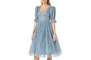 Maya Deluxe Damska sukienka damska Midi Sequin Embellished Frilly Sweetheart Neckline Puffed Sleeves for Wedding Guest Prom Evening sukienka, Dusty Blue, 38