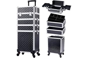 Kosmetikkoffer Trolley 4-in-1 Kosmetikkoffer Groß Kosmetik Trolley Make up Koffer Schminkkoffer mit Rollen Friseurkoffer Alu Beauty Case Nagelkoffer Multikoffer, Schwarz