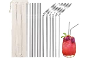 LESSMO 12 PCS Pajitas de acero inoxidable, pajitas de metal reutilizables con 2 pinceles de limpieza para batidos, batidos, cócteles y bebidas calientes