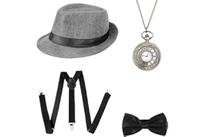 BOER 1920s Men Accessories - Gatsby Costume Accessories Set Panama Hat Elastic Y-Back Suspender Bow Tie Vintage Pocket Watch for Men Fancy Dress Accessories Set Party