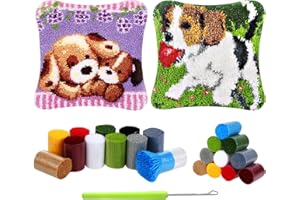 Kinsinder 2 Stück Kissenbezug Knüpfset Hund, Knüpfkissen Set, Knüpfteppich Zum Selber Knüpf-Sets, DIY Knüpfteppich Knüpfpackung, Latch Hook Kits für Kinder und Erwachsene