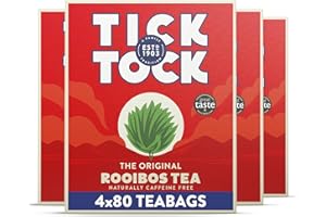 Tick Tock Rooibos Tea - Pack of 4 x 80 Caffeine-Free Tea Bags (320), Naturally Sweet Redbush Tea for Wellbeing & Relaxation - Biodegradable Tea Bags