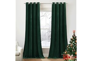 ‎PONY DANCE PONY DANCE Wohnzimmer Vorhänge Dunkelgrün Samt 300g/m² Samtvorhang 2er Set H 240 x B 132cm Schwere Samt Gardinen Blickdicht Thermovorhang Kälteschutz mit Ösen Velvet Blackout Curtains Green